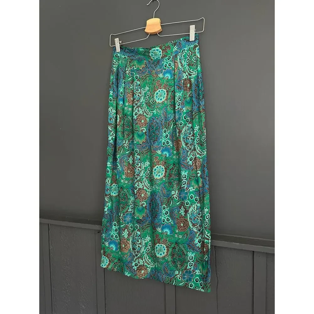 Vintage Kathryn Conover Union Made Green Paisley Straight Midi Skirt Size XXS